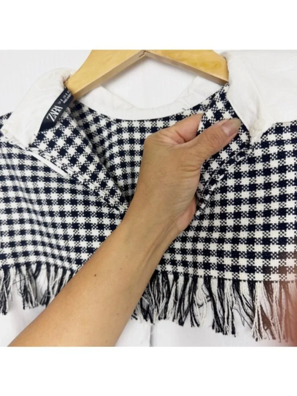 Zara Black and White Checkered Puff Sleeve shirt top w tweed fringed vest Small